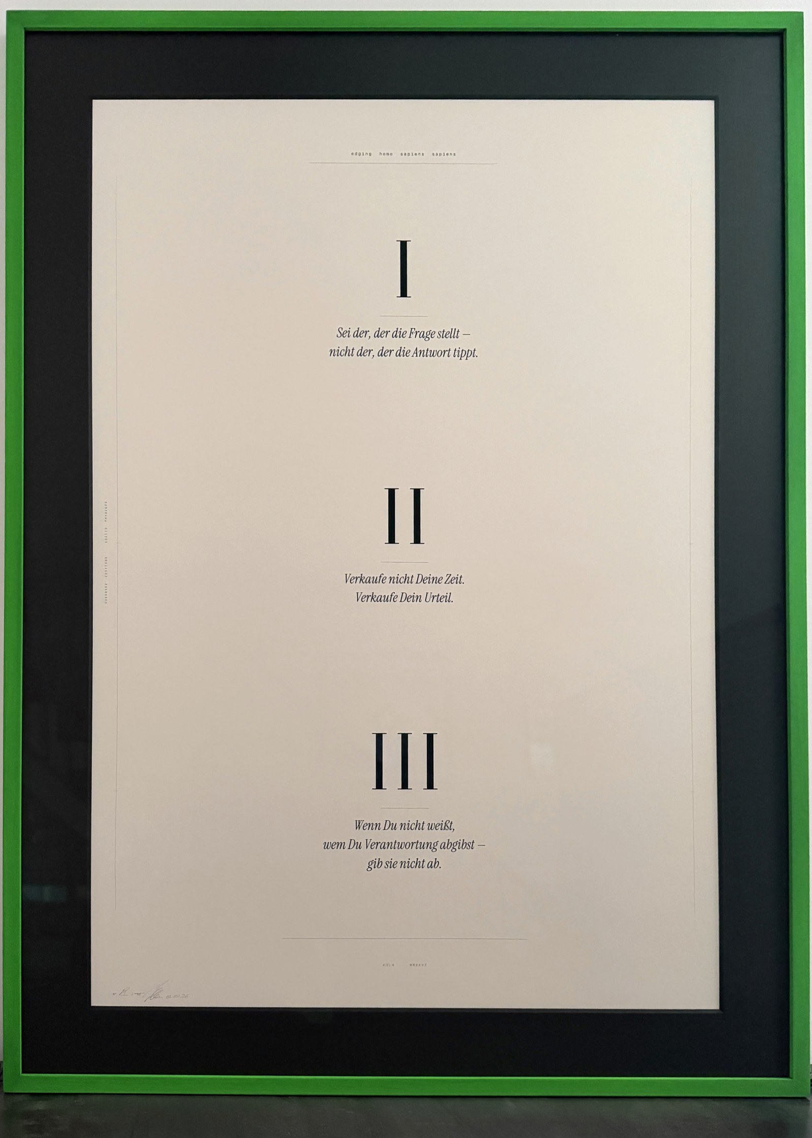 The framed artist's proof of edging homo sapiens sapiens — black passe-partout, moulding in signal green